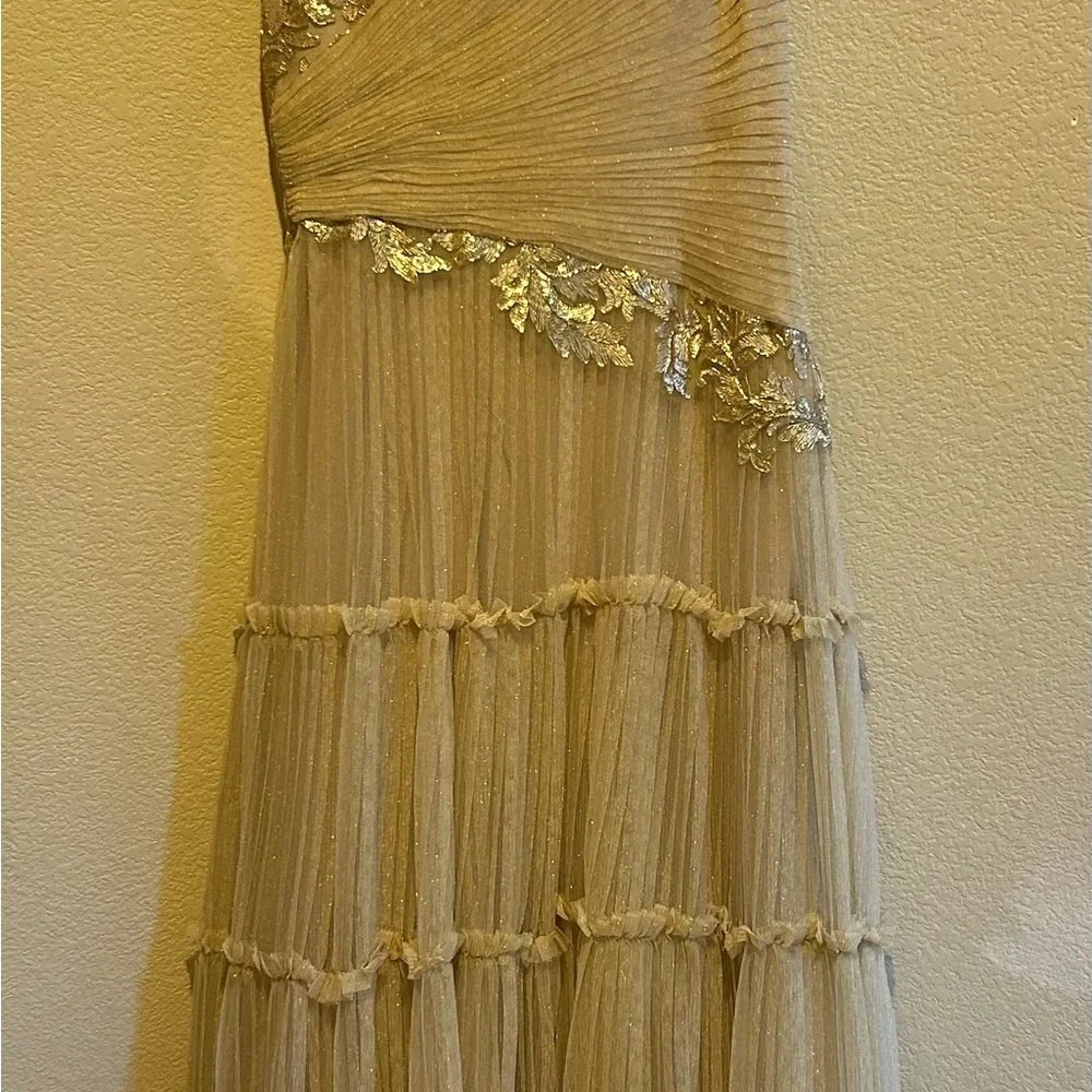 Tadashi Shoji Gold One Shoulder Pleated Gown - Picture 3 of 8